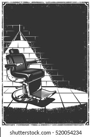 Vintage barbershop background with barber chair, lamp, light and shadow, brick wall. Black and white