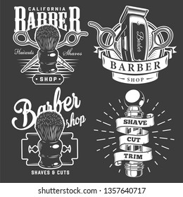 Vintage barbershop badges with barber accessories pole razor blade on dark background isolated vector illustration