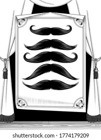 Vintage barbershop. Black silhouette of the mustache set isolated on white. Opened a Barber shop, a beauty salons. Vintage engraving stylized drawing. Vector illustration