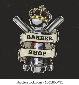 Vintage barbershop colorful logo with straight razors and crown on barber pole isolated vector illustration