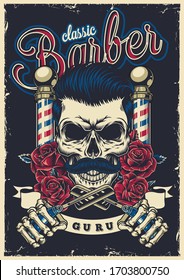 Vintage barbershop colorful poster with stylish mustached barber skull metal poles roses skeleton hands holding straight razors vector illustration