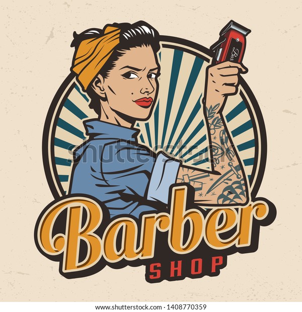 Vintage Barbershop Colorful Print Pin Attractive Stock Vector