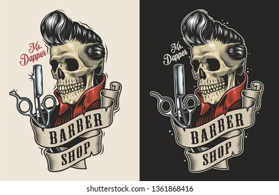Vintage barbershop colorful print with scissors razor and skull with stylish hairstyle isolated vector illustration