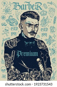 Vintage barbershop concept with stylish mustached barber and different monochrome tattoo icons vector illustration