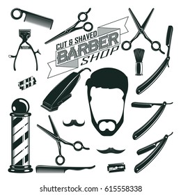 Vintage barbershop elements collection with comb blades pole scissors razors brush shaving machine hipster head isolated vector illustration