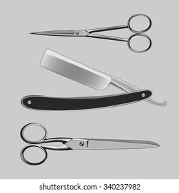 Vintage barbershop elements.
Scissors and razor in engraved style. Stock vector illustration.