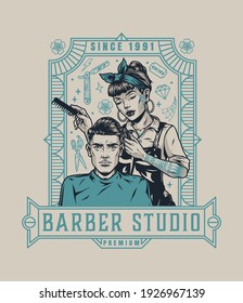 Vintage barbershop emblem with beautiful tattooed female barber with comb and straight razor cutting hair of man isolated vector illustration