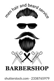 Emblema vintage de la barbería, etiqueta, insignia, logotipo. Cabello, bigote y tijeras de los hombres.  Grabado antiguo, dibujo estilizado. Ilustración del vector