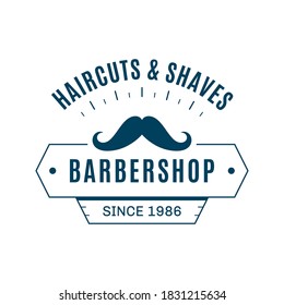 Vintage barbershop emblem, label or logo. Flat style line art badge isolated on white background. Design element for small business