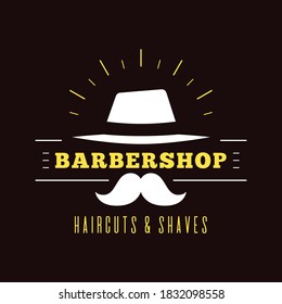 Vintage barbershop emblem, label or logo. Flat style line art badge isolated on dark background. Design element for small business