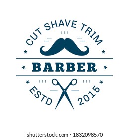 Vintage barbershop emblem, label or logo. Flat style line art badge isolated on white background. Design element for small business