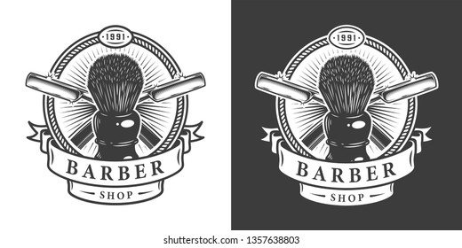 Vintage barbershop emblem with shaving brush and crossed metal razors in monochrome style isolated vector illustration