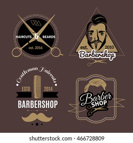 Vintage barbershop emblems set with male face and hair styling tools isolated on dark background flat vector illustration
