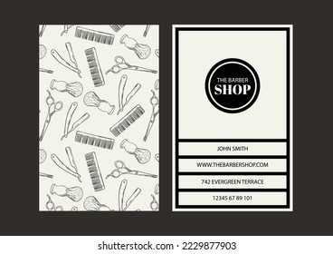  vintage barbershop invitation card, labels print design vector illustration. barber shop visiting card with barber toolls elements background 