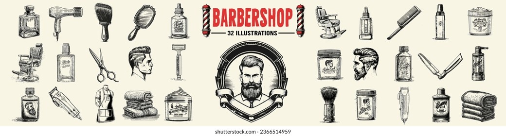 Vintage barbershop items set hand drawn vector illustration. Barber retro tools for cutting hair, beard and mustache. Beauty salon vector sketch illustration isolated on white.