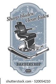 Vintage barbershop label with barber chair and razor, text and grunge texture