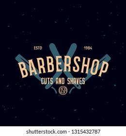Vintage barbershop label. Template for the design of logo and emblem. Collection of barbershop - symbols razor, pole, scissors. Vector illustration.