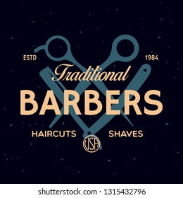 Vintage barbershop label. Template for the design of logo and emblem. Collection of barbershop - symbols razor, pole, scissors. Vector illustration.