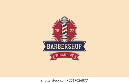 Logotipo de barbearia vintage com um poste de barbeiro e tipografia arrojada.