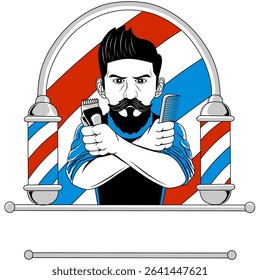 vintage barbershop logo with barberman theme holding razor and hair comb