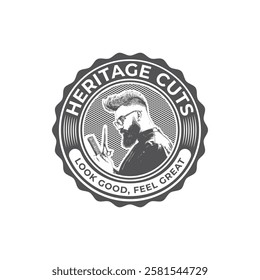 Vintage barbershop logo - bearded barber holding scissors and comb, retro-style emblem vector design