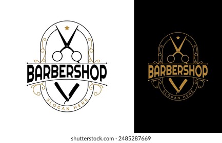 Diseño del logotipo de Antiguas barbershop. Símbolo de peluquero con tijeras, navaja y concepto de adorno. Icono de Vector de salón retro