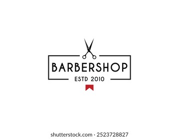 Design de logotipo de barbearia vintage. Ilustração do vetor do logotipo da tesoura e do homem barbeiro