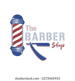 Vintage Barbershop logo design, shaving with barber pole sign.