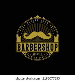 Vintage Barbershop logo design template and retro style logo with badge vector vintage label, badge, or emblem on black background