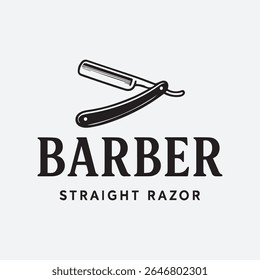 Logotipo de barbearia vintage com uma navalha reta clássica e tipografia arrojada. Ideal para marcas de higiene masculinas, serviços tradicionais de barbear ou estabelecimentos de barbeiro retro.