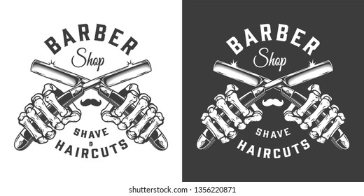 Vintage barbershop logo with skeleton hands holding razors in monochrome style isolated vector illustration