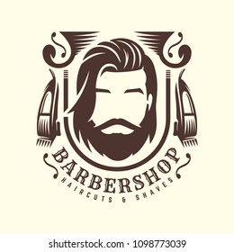 Vintage Barbershop logo template, retro style, with bearded man and barber tools