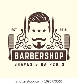 Vintage Barbershop logo template, retro style, with bearded man and barber tools