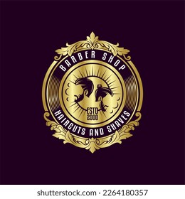 Plantilla de logotipo de Barbershop vintage, estilo retro, con hombre barbudo
ilustración de icono dorado amarillo blanco sobre fondo oscuro, emblema, etiqueta, placa adecuada para el logotipo de peluquero