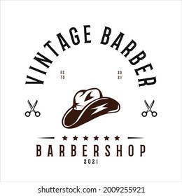 Vintage Barbershop Logo Vector Template. Cowboy Hat and Scissors Vector For your Business