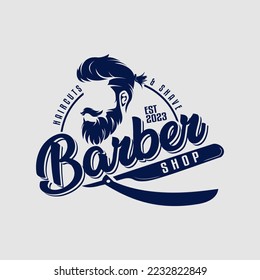 Vintage Barbershop Logo Vector Template with icon, sign, bearded man symbol and razor, retro logo, classic, hipster sticker,label, badge, isolated on white background. writing logos