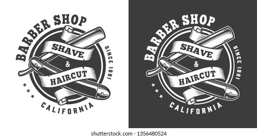 Vintage barbershop monochrome print with ribbon around straight razor isolated vector illustration