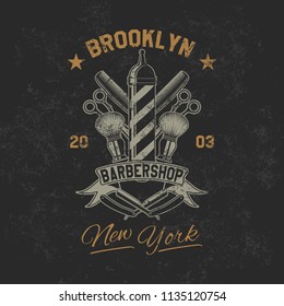 Vintage barbershop old grunge effect tee print vector design illustration. Premium quality superior retro car logo concept. T-shirt emblem, cloth branding or advertising.