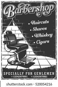 Vintage barbershop poster with barber chair, text, and grunge texture