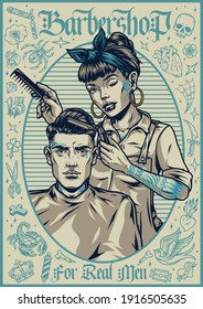 Afiche de barbería vintage con diferentes tatuajes y el pelo de corte de barbero femenino bastante chispeante de la ilustración vectorial del hombre