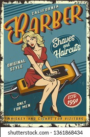 Vintage barbershop poster with pin up attractive blonde woman sitting on barber electric hair clipper vector illustration