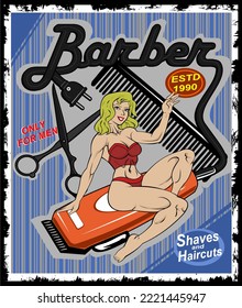 Vintage-Friseur-Plakat mit Pin-up attraktive blonde Frau sitzend auf Barbier elektrischen Haar-Clipper mit Kamm und Schere hinten, Vektorgrafik.