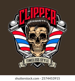 Vintage Barbershop Skull Head with Barber's Pole and razor blade elements Logotype Badge Vector Illustration