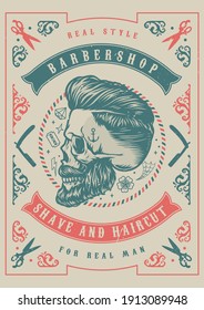 Vintage barbershop template with straight razors scissors bearded and mustached skull with tattoo and trendy hairstyle vector illustration