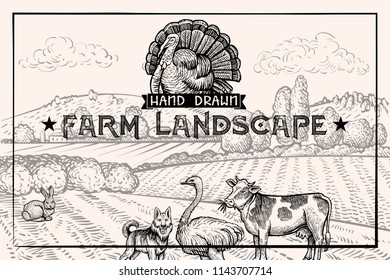 Vintage barn landscape and Farm animals Ostrich and Cow. Textured Horizontal Poster Template. Retro styled Sketched Engraving vector illustration for Cover Design with Turkey Logo and Guard Dog