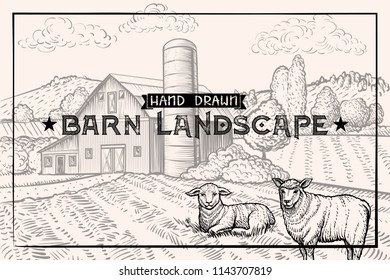 Vintage barn landscape and Farm animals Lamb and Sheep. Textured Horizontal Poster Template. Retro styled Sketched Engraving vector illustration