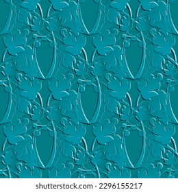 Vintage Baroque 3d seamless pattern. Vector embossed blue background. Repeat emboss backdrop. Surface relief 3d flowers leaves ornament in Baroque old style. Textured design with embossing effect.