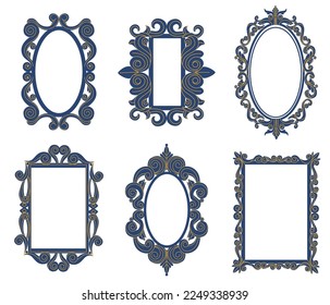 Vintage baroque antique decorative tracery mirrors. Elegant borders with curves elements of different shape such as oval and rectangle. Creative filigree frames with swirls isolated vector set