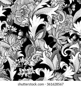 Vintage baroque black and white seamless pattern with swirls, flowers, vector illustration 