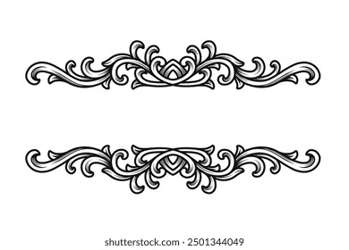 Vintage Baroque border engraved element. Arabesque frame engraving ornament. Flourish ornament leaf engraved retro pattern decorative design. Black and white filigree calligraphic vector 